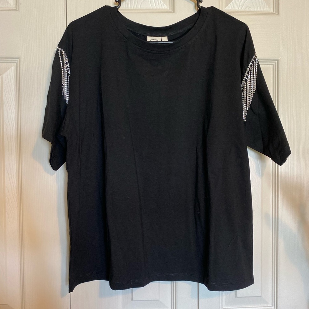 Black crop shirt with Rhinestone detail on sleeve